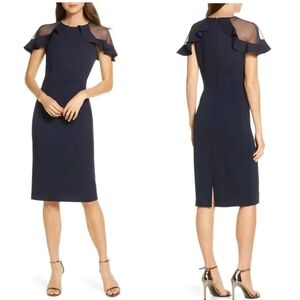 New Eliza J Sheer Mesh Ruffle Cape Cap Sleeve Sheath Midi Dress